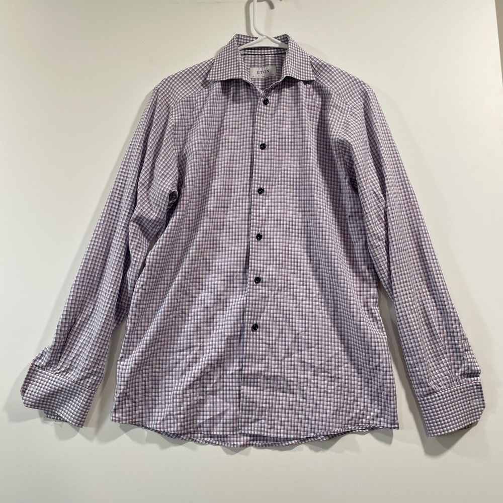 Eton Slim Fit Dress Shirt Mens 15.5 39 Blue Red Check Spread Collar Long Sleeve